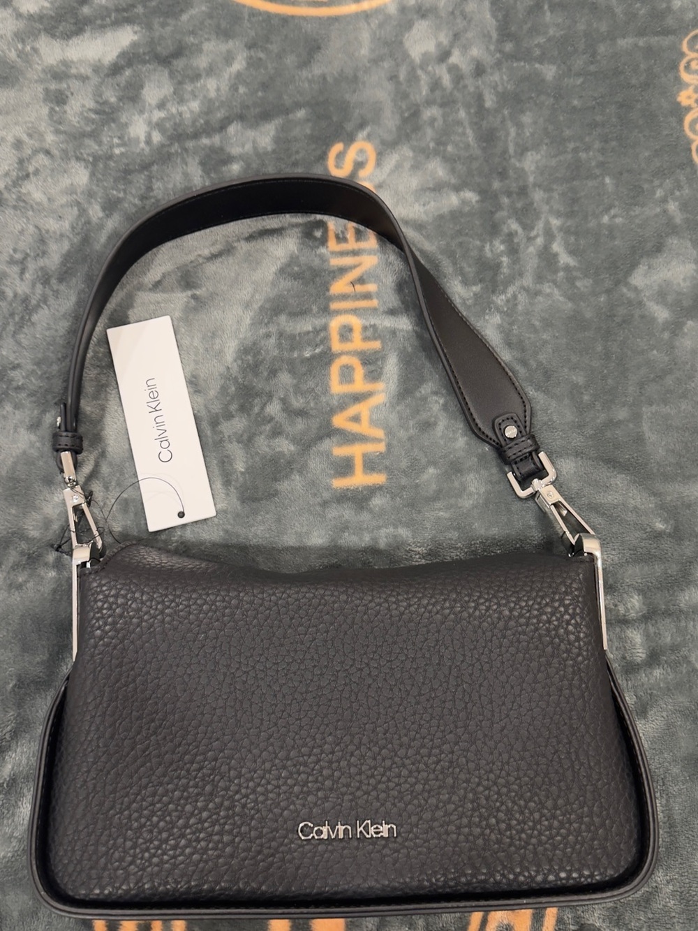 Calvin Klein Black Pebbled Leather Shoulder Bag with Silver Hardware